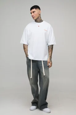 T-shirt pour homme surdimensionné, à écriture manuscrite et écusson, impression grand format