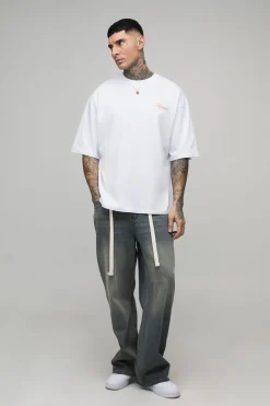 T-shirt pour homme surdimensionné, à écriture manuscrite et écusson, impression grand format