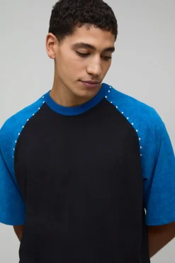 T-shirt Raglan Surdimensionné Poids Lourd à Clous avec Manches Contrastantes et Délavage Acide