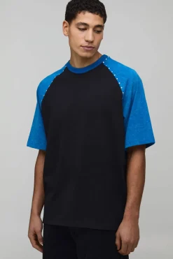 T-shirt Raglan Surdimensionné Poids Lourd à Clous avec Manches Contrastantes et Délavage Acide