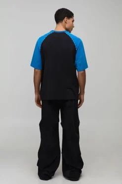 T-shirt Raglan Surdimensionné Poids Lourd à Clous avec Manches Contrastantes et Délavage Acide