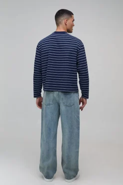 boohooMAN T-shirt Rayé À Manches Longues Coupe Boxy Oversize<Homme T-Shirts