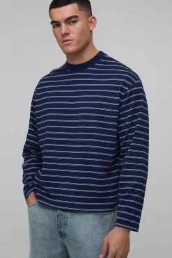 boohooMAN T-shirt Rayé À Manches Longues Coupe Boxy Oversize<Homme T-Shirts