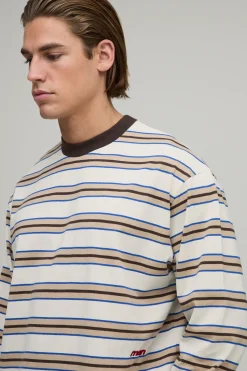 boohooMAN T-shirt Rayé Oversize À Manches Longues Coupe Boxy<Homme T-Shirts