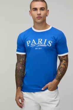 T-shirt Ringer Bleu À Imprimé Paris Coupe Regular