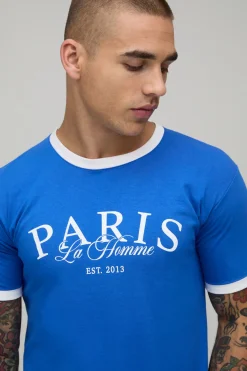 T-shirt Ringer Bleu À Imprimé Paris Coupe Regular