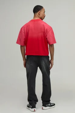 T-shirt Rouge Oversize Raccourci Édition Limitée Imprimé Effet Spray Délavé