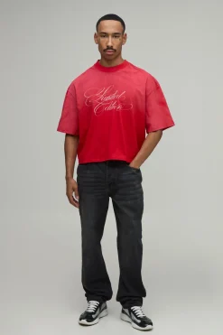 T-shirt Rouge Oversize Raccourci Édition Limitée Imprimé Effet Spray Délavé