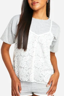 boohoo T-shirt à superposition de dentelle<Femme Satin Et Dentelle|Tops