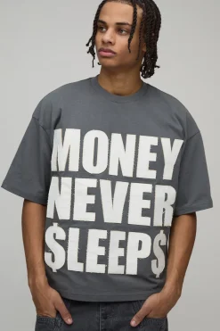 boohooMAN T-Shirt Surdimensionné Boxy avec Slogan Argent et Appliqué Vieilli<Homme Nouveautés Grande Taille|Tout Afficher