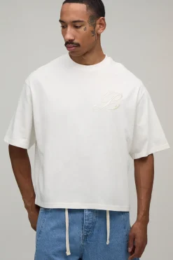 boohooMAN T-shirt Surdimensionné Boxy En Jersey Épais Avec B Brodé Et Finition Pêche<Homme Nouveautés Grande Taille|T-Shirts