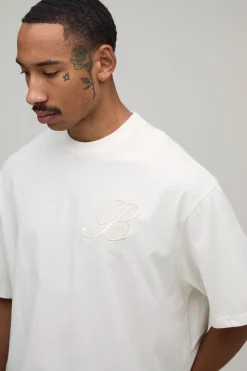 boohooMAN T-shirt Surdimensionné Boxy En Jersey Épais Avec B Brodé Et Finition Pêche<Homme Nouveautés Grande Taille|T-Shirts