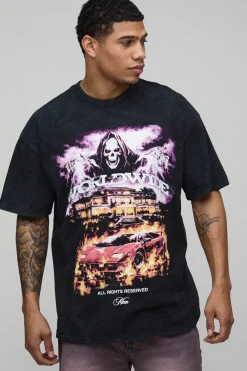 T-shirt Surdimensionné Noir Délavé À L'acide Avec Imprimé Gothique Worldwide