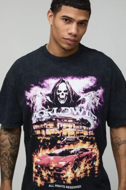 T-shirt Surdimensionné Noir Délavé À L'acide Avec Imprimé Gothique Worldwide