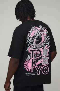 T-shirt Surdimensionné Noir Tall À Imprimé Dragon Synthétiqueff