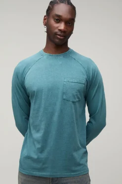 boohooMAN T-shirt Tall Essentiel Lavé Coupe Regular Raglan Manches Longues Avec Poche Poitrine<Homme Tout Afficher|Tout Afficher