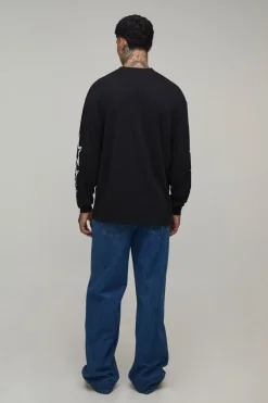 T-shirt Tall Noir Oversize Moto À Imprimé Étoiles Manches Longues