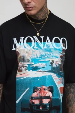 boohooMAN T-shirt Tall oversize à col étendu imprimé Monaco Racing<Homme Tout Afficher|Tout Afficher