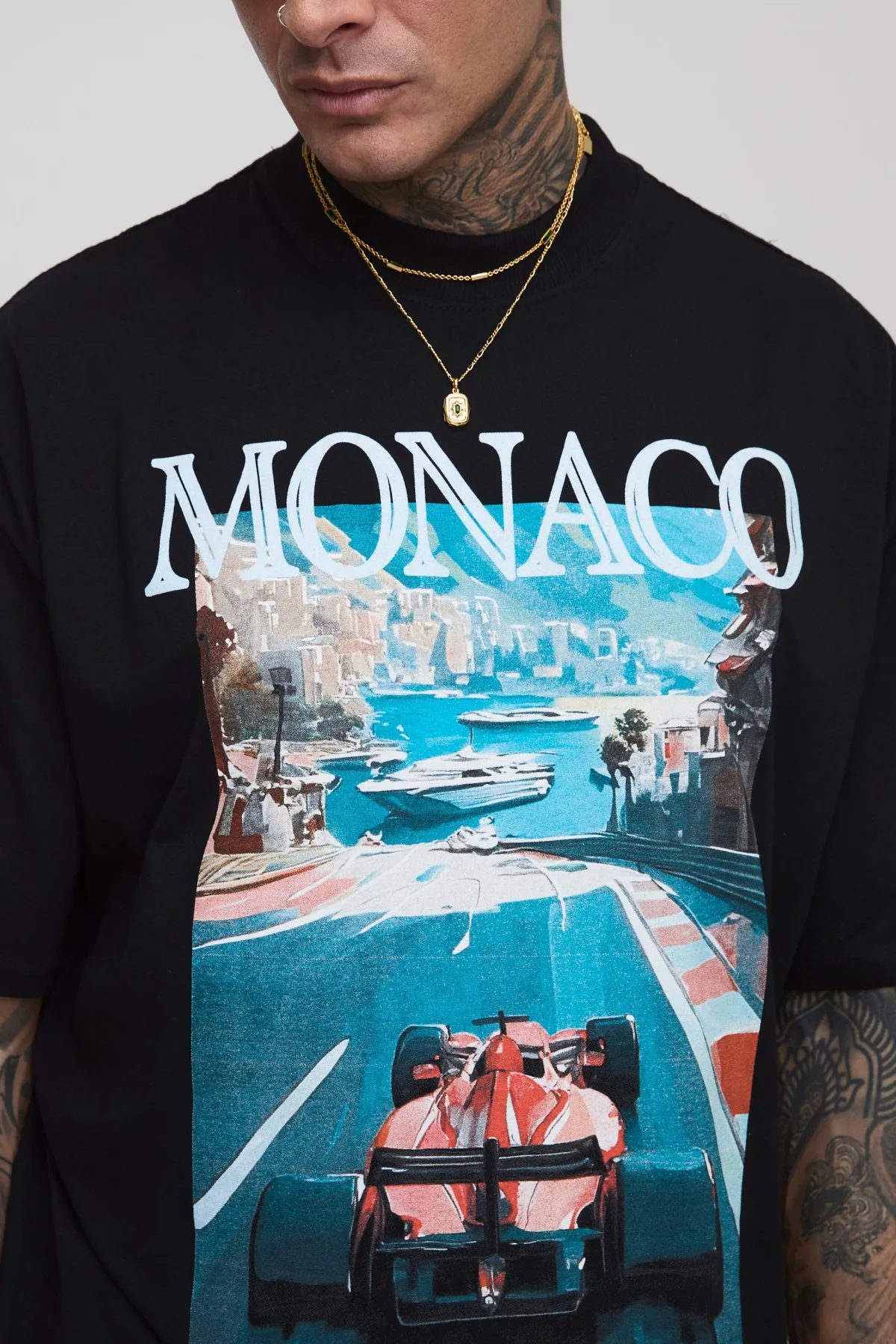 boohooMAN T-shirt Tall oversize à col étendu imprimé Monaco Racing<Homme Tout Afficher|Tout Afficher
