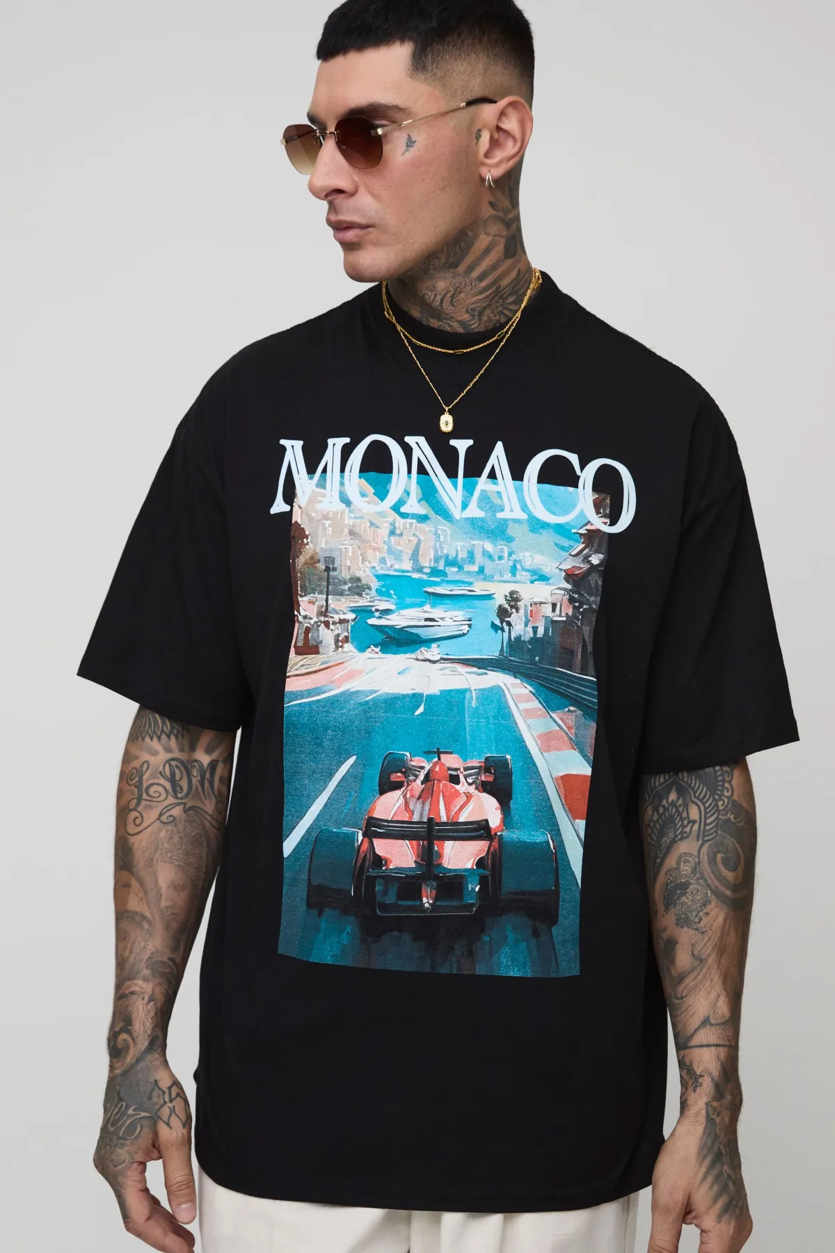 boohooMAN T-shirt Tall oversize à col étendu imprimé Monaco Racing<Homme Tout Afficher|Tout Afficher