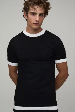 T-shirt Tricoté Ajusté À Bandes Contrastées