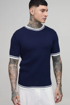 T-shirt Tricoté À Bords Contrastés Coupe Ajustée Musclée Tall En Mélange De Coton