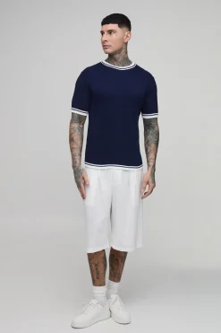 T-shirt Tricoté À Bords Contrastés Coupe Ajustée Musclée Tall En Mélange De Coton