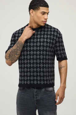 boohooMAN T-shirt Tricoté À Coupe Ample Avec Empiècement Jacquard<Homme T-Shirts|Maille
