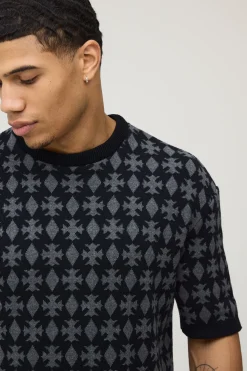 boohooMAN T-shirt Tricoté À Coupe Ample Avec Empiècement Jacquard<Homme T-Shirts|Maille