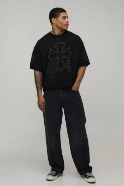 T-Shirt Tricoté Jacquard à Croix Ample Oversize