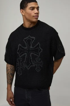 T-Shirt Tricoté Jacquard à Croix Ample Oversize