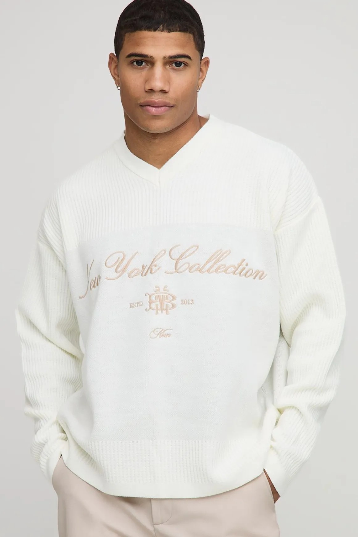T-shirt tricoté oversize à côtes, style hockey varsity