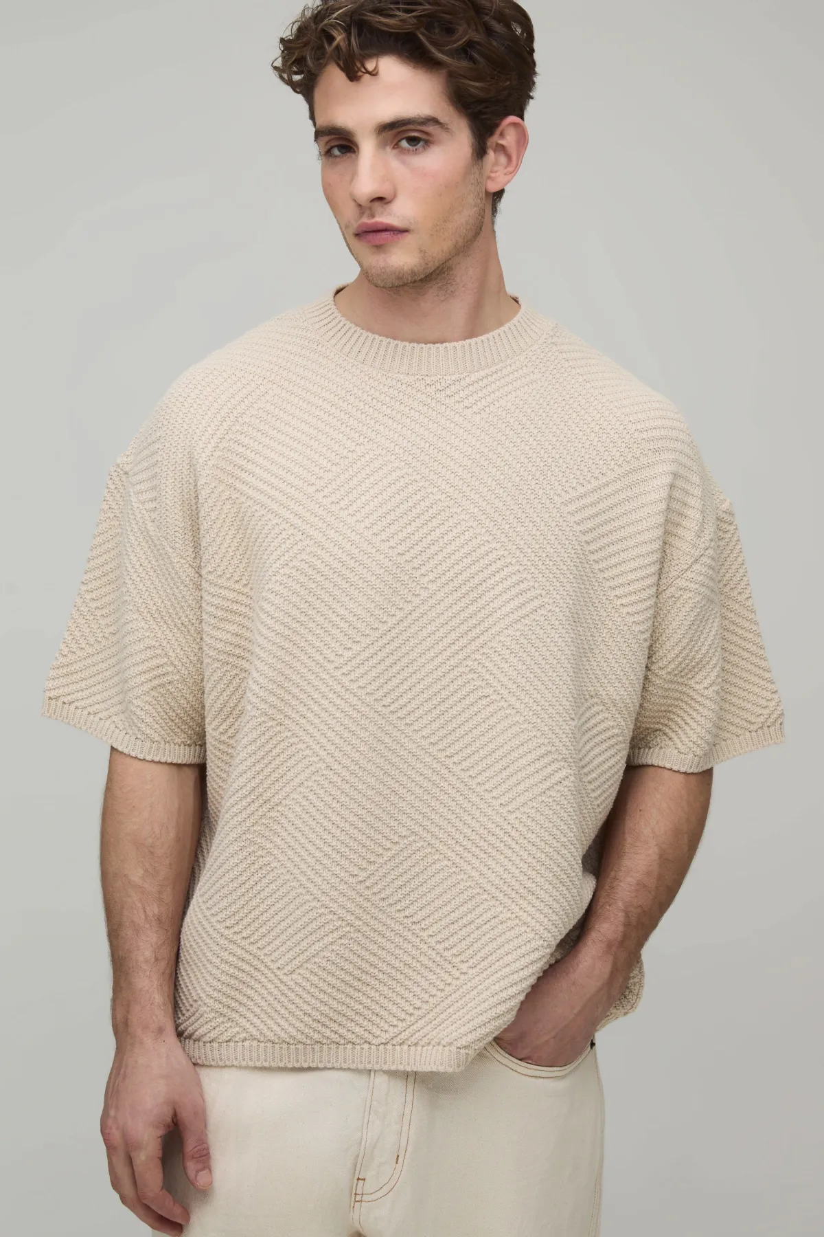 boohooMAN T-shirt Tricoté Oversize À Motif Géométrique<Homme Tout Afficher|T-Shirts Grande Taille