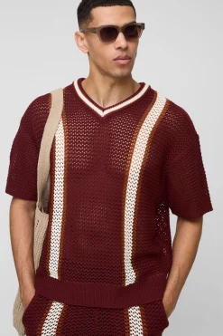 T-shirt tricoté rayé à col en V, coupe boxy, maille ajourée