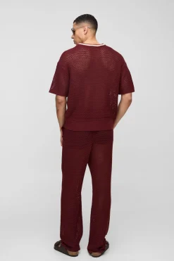 T-shirt tricoté rayé à col en V, coupe boxy, maille ajourée