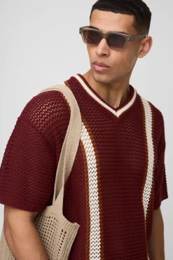 T-shirt tricoté rayé à col en V, coupe boxy, maille ajourée