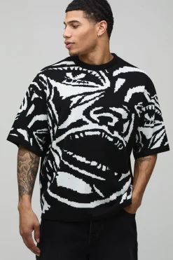 T-shirt Tricoté Surdimensionné À Motif Jacquard Visage Abstrait