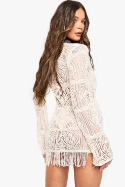 boohoo Tunique de plage en crochet à pampilles<Femme Pulls Et Gilets|Toutes Les Mailles