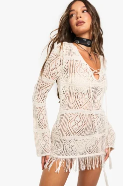 boohoo Tunique de plage en crochet à pampilles<Femme Pulls Et Gilets|Toutes Les Mailles