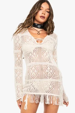 boohoo Tunique de plage en crochet à pampilles<Femme Pulls Et Gilets|Toutes Les Mailles