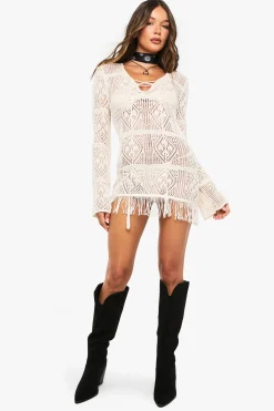 boohoo Tunique de plage en crochet à pampilles<Femme Pulls Et Gilets|Toutes Les Mailles