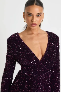Velours à sequins, combinaison courte à manches évasées
