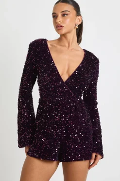 Velours à sequins, combinaison courte à manches évasées
