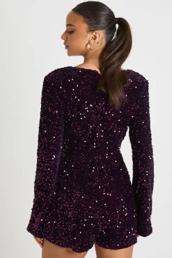 Velours à sequins, combinaison courte à manches évasées