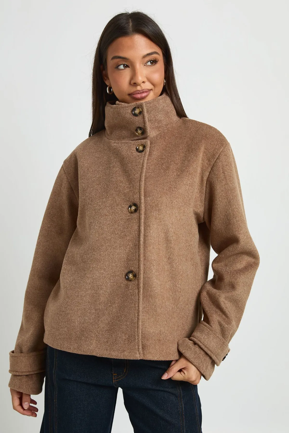 boohoo Veste Aspect Laine À Col Cheminée Et Boutonnage Intégral<Femme Vestes & Manteaux