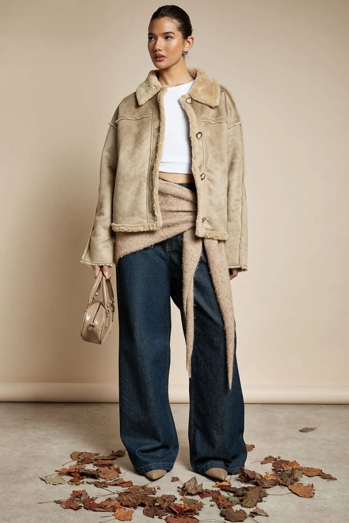 Veste aviateur à col en suédé avec détails en fourrure