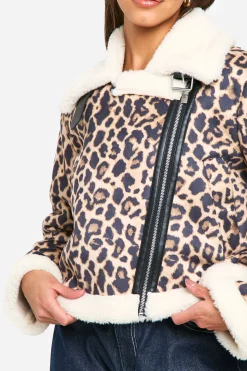 Veste Aviateur Cropped à Imprimé Léopard