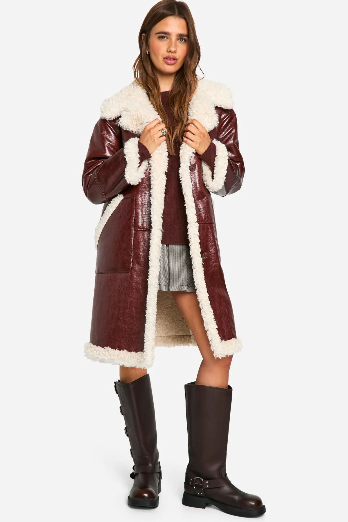 boohoo Veste aviateur longue en synthétique avec garniture teddy<Femme Vestes & Manteaux|Looks Bordeaux