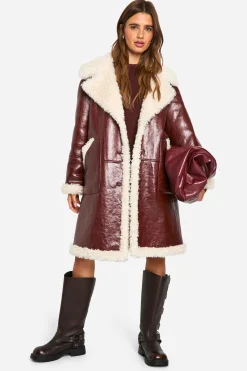 boohoo Veste aviateur longue en synthétique avec garniture teddy<Femme Vestes & Manteaux|Looks Bordeaux