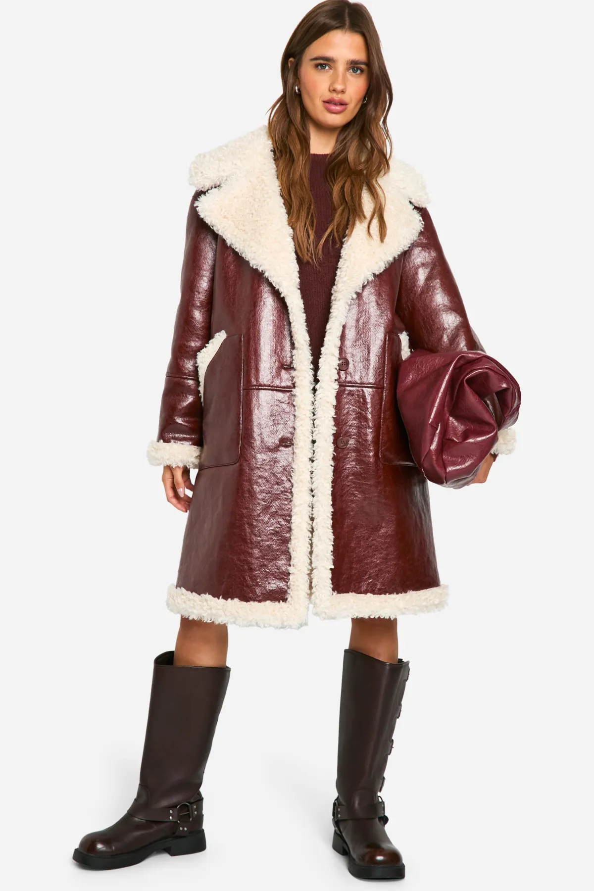 boohoo Veste aviateur longue en synthétique avec garniture teddy<Femme Vestes & Manteaux|Looks Bordeaux